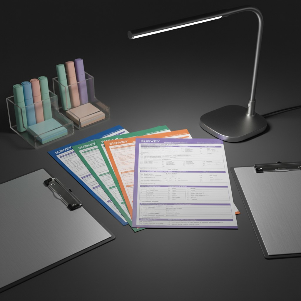 Desk with survey documents, lamp and clipboard.\ set of multi-colored surveys under an adjustable table lamp; to the sides...