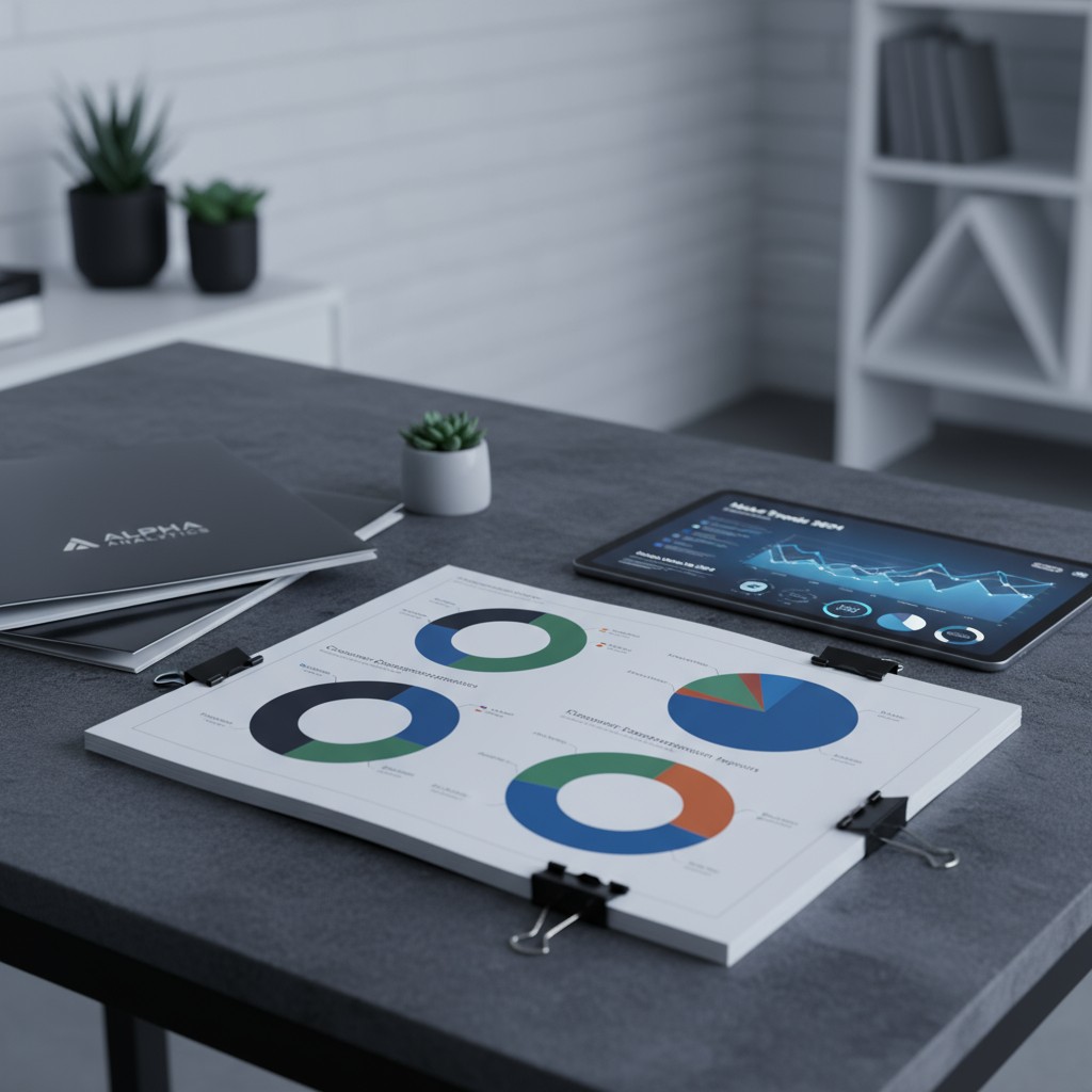 A grayscale office setting, featuring multiple charts, a tablet displaying a graph, and a partially cropped bound book wit...