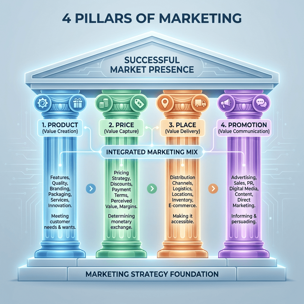 4 PILLARS OF MARKETING. SUCCESSFUL MARKET PRESENCE. 1. PRODUCT (Value Creation): Features, Quality, Branding, Packaging, Services, Innovation. Meeting customer needs & wants. 2. PRICE (Value Capture): Pricing Strategy, Discounts, Payment Terms, Perceived Value, Margins. Determining monetary exchange. 3. PLACE (Value Delivery): Distribution Channels, Logistics, Locations, Inventory, E-commerce. Making it accessible. 4. PROMOTION (Value Communication): Advertising, Sales, PR, Digital Media, Content, Direct Marketing. Informing & persuading. INTEGRATED MARKETING MIX. MARKETING STRATEGY FOUNDATION.