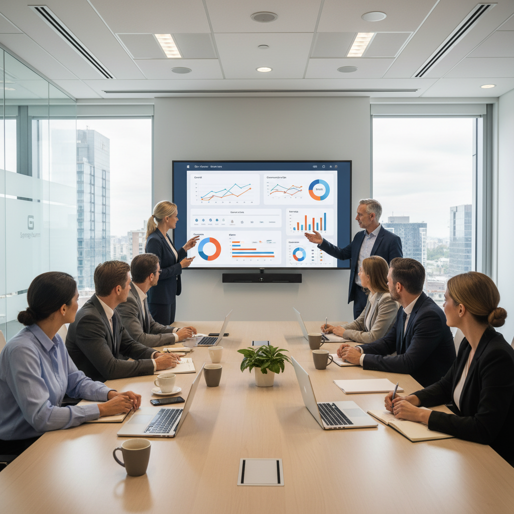 A modern business marketing conference room with a large presentation screen displaying marketing analytics charts, a long table with laptops and notebooks, diverse professionals engaged in discussion, and subtle corporate branding elements in a clean, bright office setting.