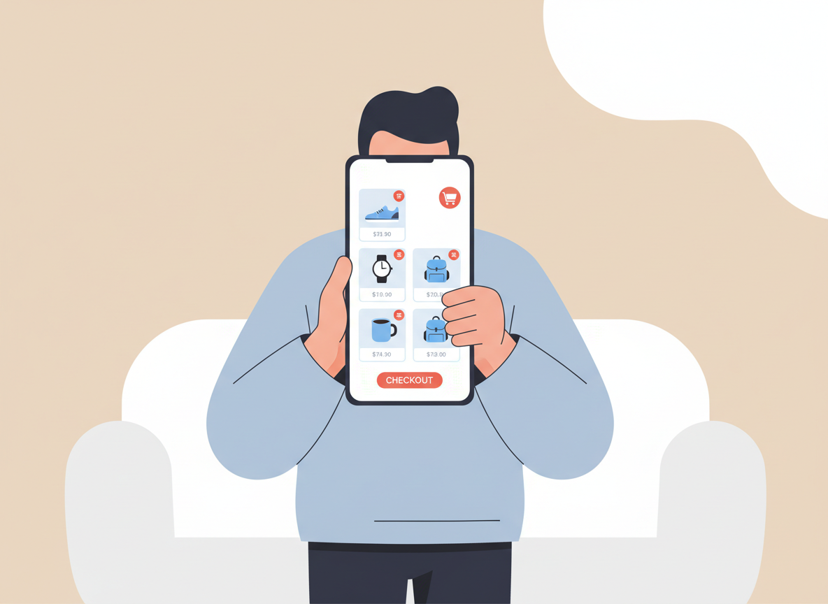 Person using a smartphone to shop online, browsing products with shopping cart icons, modern flat style, bright but neutral background