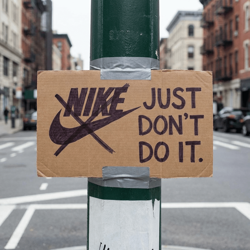 A cardboard sign on a pole reads "JUST DON'T DO IT." with a crossed-out Nike logo.